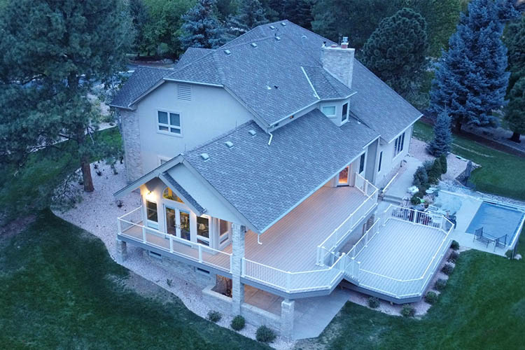 drone shot of custom built Trex deck in Littleton