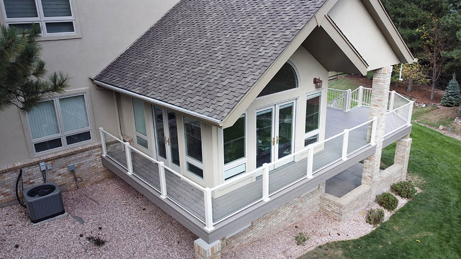 drone shot of custom built Trex deck in Littleton with aluminum railing